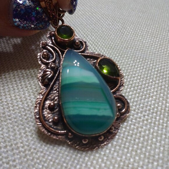 Rustic GREEN BOTSWANA AGATE & PERIDOT Handmade Copper Pendant/Chain #897B - Picture 1 of 3